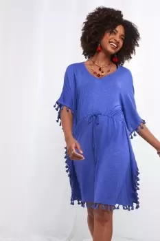 Boho Tassel Trim Long Sleeve Jersey Beach Cover Up