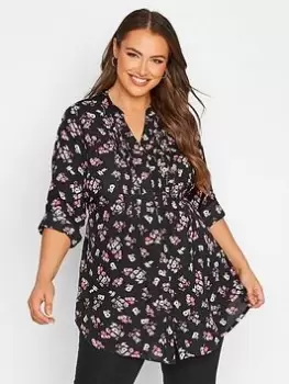 Yours Pintuck Shirt - Black/Floral, Black, Size 26-28, Women