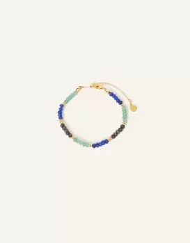 Accessorize Womens Gold-Plated, Blue and Green Brass 14ct Gold-Plated Stone Bead Slider Bracelet, Size: 22cm