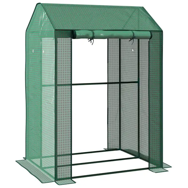 2-Room Greenhouse with 2 Roll-up Doors and Vent Holes, 100x80x150cm