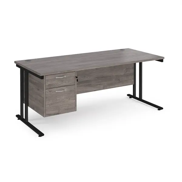 Maestro 25 straight desk 1800mm x 800mm with 2 drawer pedestal - Black cantilever leg frame, grey oak top