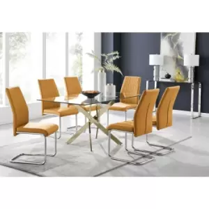 Furniturebox Leonardo 150cm Modern Glass And Gold Metal Dining Leg Table And 6 Mustard Yellow Lorenzo Faux Leather Silver Chrome Leg Dining Chairs