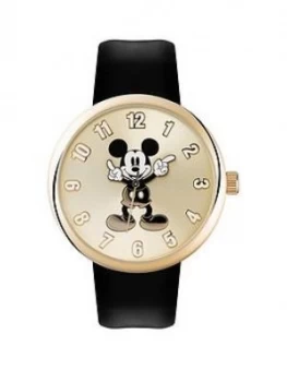 Disney Mickey Mouse Moving Hands Gold Dial Black Strap Watch