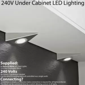 6x brushed nickel Triangle Surface Under Cabinet Kitchen Light Kit - 240V Mains Powered - Natural White led