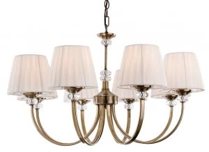 8 Light Multi Arm Chandelier Antique Brass, Pleated Cream Shades, E14