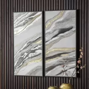 Set of 2 Geo Abstract Framed Canvas Grey/White