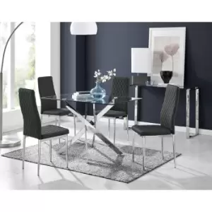 Furniturebox UK - Furniturebox Leonardo 120cm Modern Glass And Chrome Metal Leg Dining Table And 4 Black Milan Faux Leather Silver Chrome Leg Dining