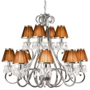 Esher Ceiling Pendant Chandelier Nickel Crystal & Brown Shades 12 Lamp Light