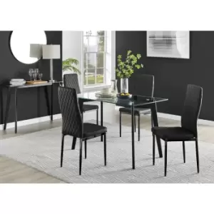 Furniturebox Malmo Rectangular Glass and Black Wooden Leg Modern Industrial Dining Table & 4 Black Milan Black Leg Faux Leather Chairs