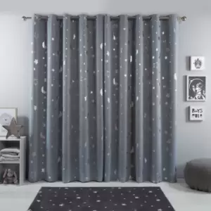 Dreamscene Star Blackout Curtains Pair Eyelet Ready Made Kids Silver - 46"x72"