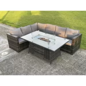 Fimous 6 Seater Outdoor Dark Grey Rattan Lounge Complete Sofa Set with Gas Fire Pit Table and Heater