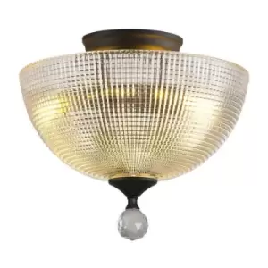 Luminosa Talisa 2 Light Semi Flush Ceiling Lamp E27 With Round 30cm Prismatic Effect Glass Shade Graphite, Clear