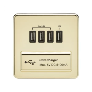 KnightsBridge 1G Screwless Polished Brass Quad USB 5V Charger Outlet - Black Insert