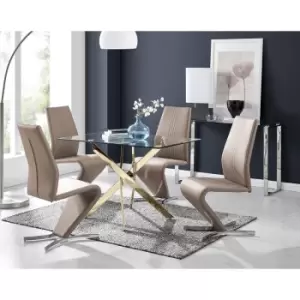 Furniturebox Leonardo 120cm Modern Glass And Gold Metal Leg Dining Table And 4 Cappuccino Beige Willow Faux Leather Silver Chrome Feet Dining Chairs