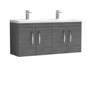 Nuie Athena 1200 Wall Hung 4-door Vanity & Ceramic Double Basin - Grey Woodgrain