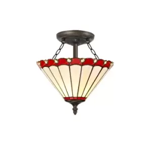 2 Light Semi Flush Ceiling E27 With 30cm Tiffany Shade, Red, Crystal, Aged Antique Brass