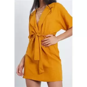 I Saw It First Mustard Linen Look Collared Wrap Belted Skater Dress - Yellow