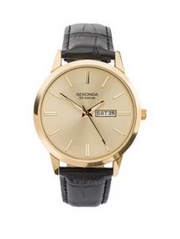 Sekonda Sekonda Gold Sunray Daydate Dial Black Leather Strap Mens Watch