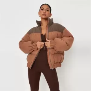 Missguided Brnded Colourblock Os Puffa Coat - Brown