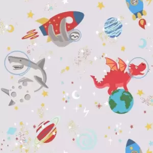 Holden Decor Space Animals Grey Wallpaper