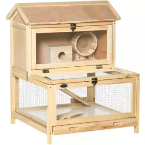 Wooden Hamster Cage w/ Tray, Running Wheel, Seesaw, Ladder - Natural - Pawhut