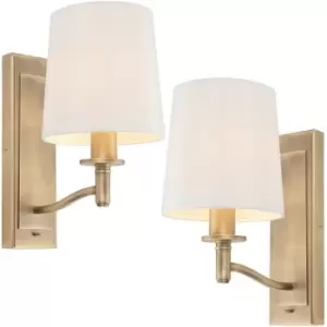 2 PACK Dimmable LED Wall Light Antique Brass & White Shade Classic Vintage Lamp