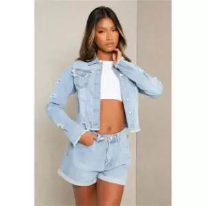 I Saw It First Light Wash Skinny Fit Distressed Denim Jacket - Blue