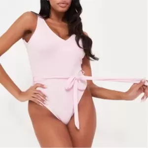 Missguided Plunge Tie Waist Soft Touch Swimsuit - Pink