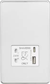 KnightsBridge Shaver socket with dual USB A+C (5V DC 2.4A shared) - polished chrome with white insert