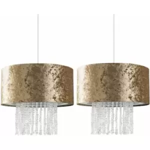 Minisun - 2 x Gold Velvet Ceiling Pendant Light Shades With Clear Acrylic Droplets