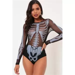 I Saw It First Black Skeleton Print Mesh Long Sleeve Bodysuit - Black