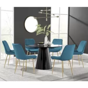 Furniturebox Palma Black Semi Gloss 120cm Round Minimalist Dining Table & 6 Blue Pesaro Gold Leg Chairs