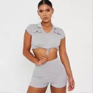 I Saw It First Tie Front Crop Top and Shorts Co Ord Set - Grey