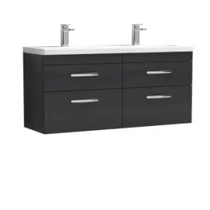 Nuie Athena 1200 Wall Hung 4-drawer Vanity & Ceramic Double Basin - Black Woodgrain