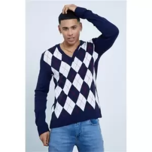 I Saw It First Navy Argyll Check Long Sleeve Knitted Jumper - Blue