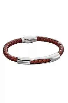 Woven Brown Leather & Stainless Steel Magnetic Clasp Bracelet