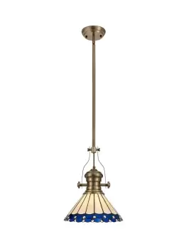 1 Light Telescopic Ceiling Pendant E27 With 30cm Tiffany Shade, Antique Brass, Blue, Crystal