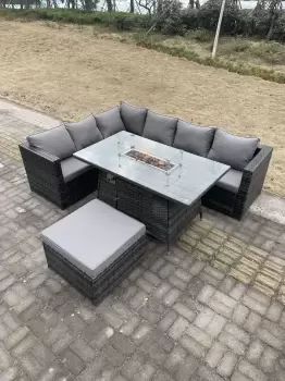 Fimous 6 Seater Outdoor Dark Grey Rattan Lounge Complete Sofa Set with Gas Firepit Dining Table, Heater and Big Footstool