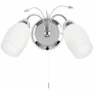 Loops - LED Twin Wall Light Pretty Curved Arm Chrome & White Glass Shade Lamp Lighting