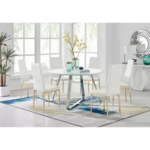 Furniture Box Santorini White Round Dining Table and 6 White Gold Leg Milan Chairs