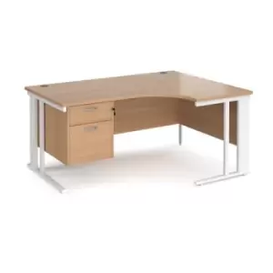 Office Desk Right Hand Corner Desk 1600mm With Pedestal Beech Top With White Frame 1200mm Depth Maestro 25 MCM16ERP2WHB