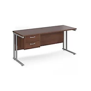 Rectangular Straight Desk with with Cantilever Legs Walnut Wood Silver Maestro 25 1600 x 600 x 725mm 2 Drawer Pedestal