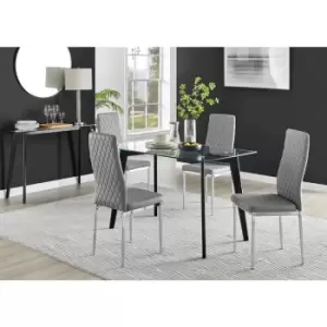 Furniturebox Malmo Rectangular Glass and Black Wooden Leg Modern Industrial Dining Table & 4 Grey Milan Chrome Leg Faux Leather Chairs