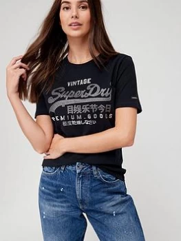 Superdry Vintage Logo Embellished T-Shirt - Black, Size 12, Women