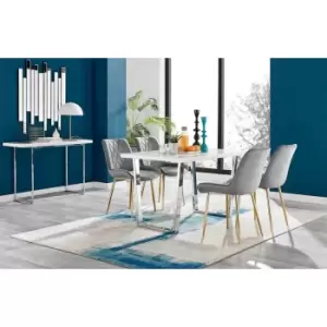 Furniture Box Kylo White High Gloss Dining Table and 4 Grey Pesaro Gold Leg Chairs