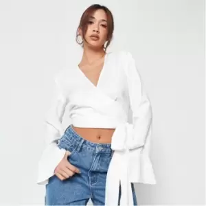 Missguided Wrap Front Flared Sleeve Crop Top - White