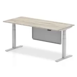 Air 1800 x 800mm Height Adjustable Desk Grey Oak Top Silver Leg With Silver Steel Modesty Panel