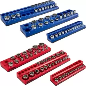 VEVOR 6-Pack Metric and SAE Magnetic Socket Organizers, 1/2-inch, 3/8-inch, 1/4-inch Drive Socket Holders Hold 143 Sockets, Red and Blue Tool Box Orga