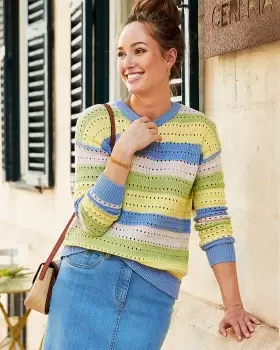 Cotton Traders Womens Sunshine Stripe Pointelle Jumper in Yellow