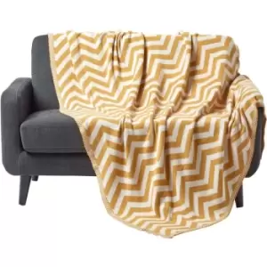 Mustard Chevron Cotton Knitted Throw, 130 x 170cm - Yellow - Homescapes